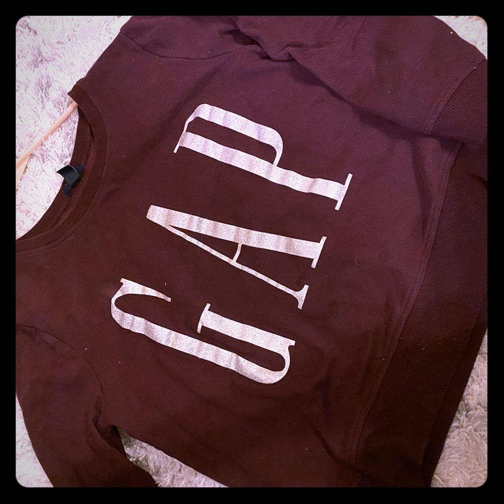 GAP Crewneck. Maroon with silver glitter lettering
